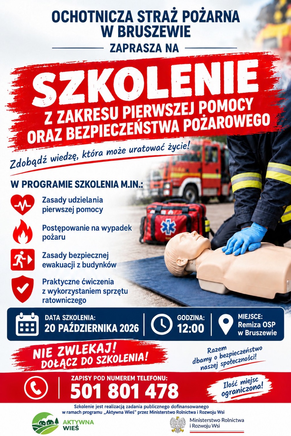 Plakat szkolenia z pierwszej pomocy OSP Bruszewo 20 października 2026
