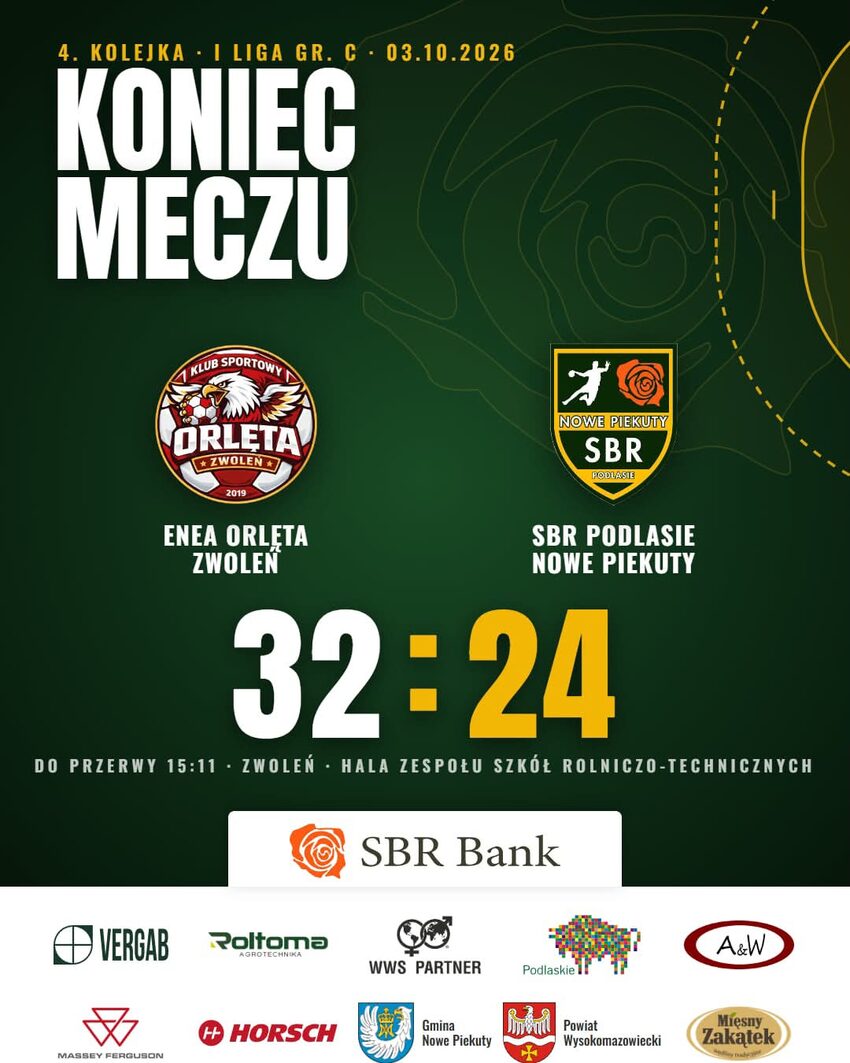 Grafika SBR Podlasie Nowe Piekuty z wynikiem meczu Enea Orlęta Zwoleń - SBR Podlasie 32:24, do przerwy 15:11