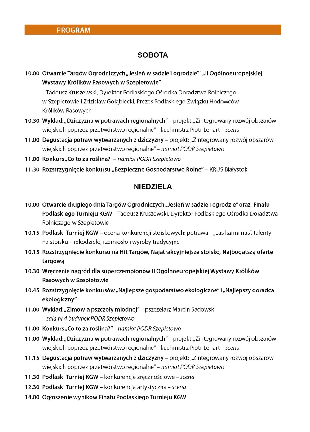Program Targów Ogrodniczych w PODR Szepietowo i finału Podlaskiego Turnieju KGW