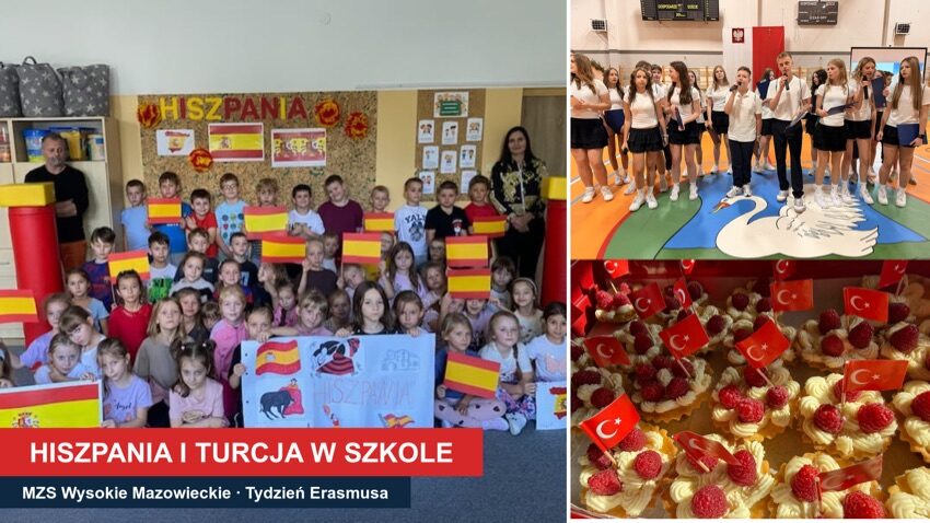 Uczniowie MZS w Wysokiem Mazowieckiem z hiszpańskimi flagami, apel w hali i babeczki z tureckimi flagami