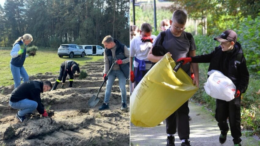 Sadzenie drzew i zbieranie śmieci nad Nurcem w Ciechanowcu