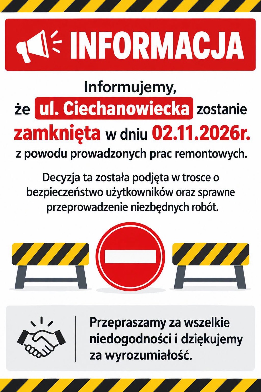 Czyżew: informacja o zamknięciu ulicy Ciechanowieckiej 2 listopada