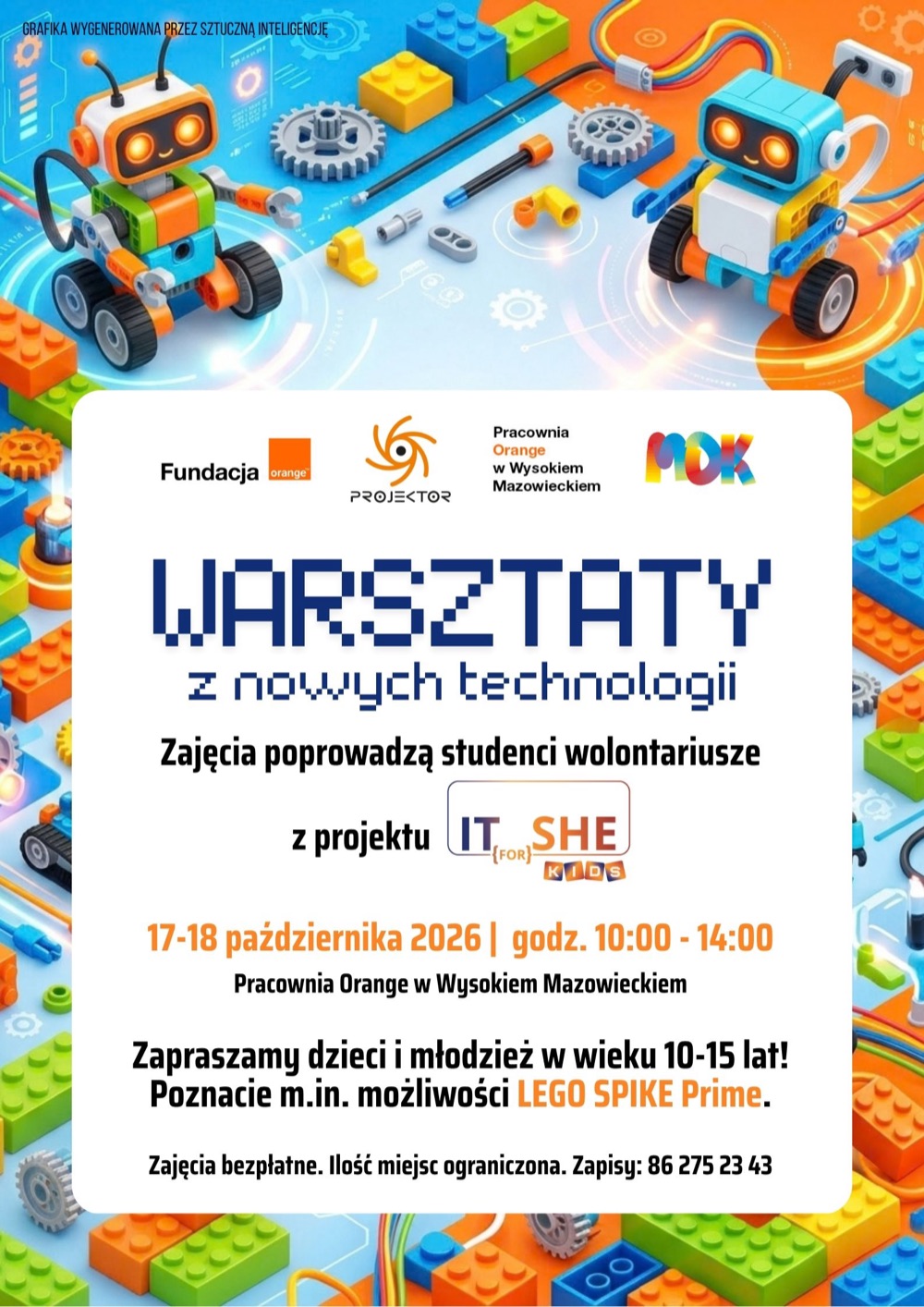 Plakat warsztatów z nowych technologii w Pracowni Orange w Wysokiem Mazowieckiem, 17-18 października 2026