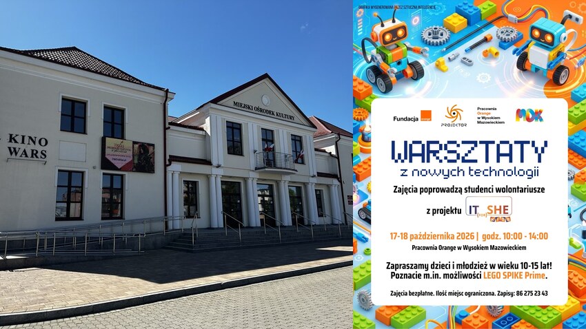 Budynek Miejskiego Ośrodka Kultury w Wysokiem Mazowieckiem i plakat warsztatów LEGO SPIKE Prime