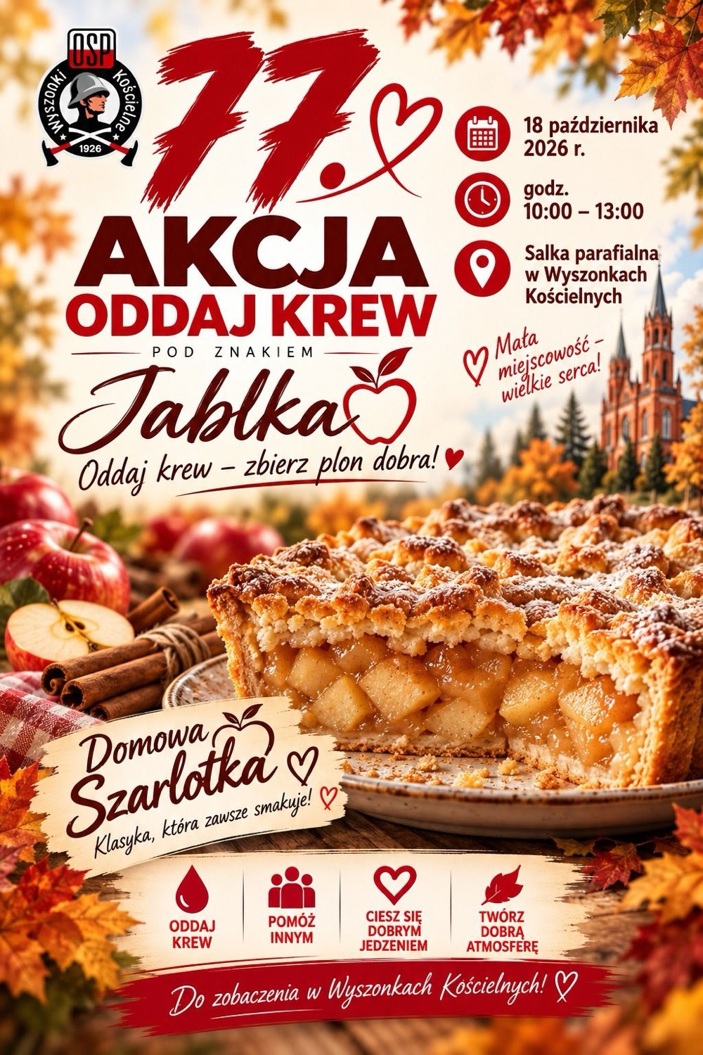 Plakat 77. akcji Oddaj Krew pod znakiem jabłka w Wyszonkach Kościelnych, 18 października 2026