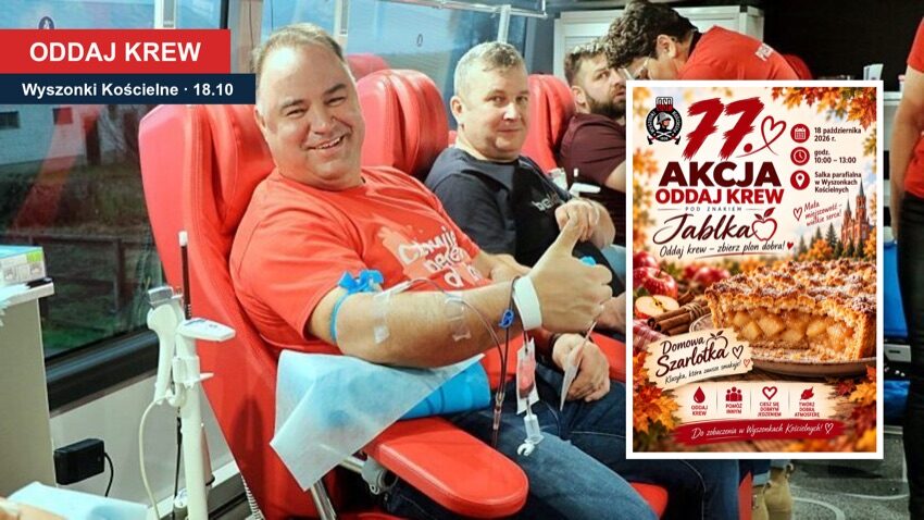 Uśmiechnięty dawca z kciukiem w górę w krwiobusie podczas zbiórki krwi w Wyszonkach Kościelnych i plakat 77. akcji
