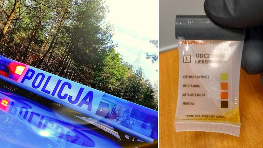 Belka świetlna radiowozu przy lesie i narkotest