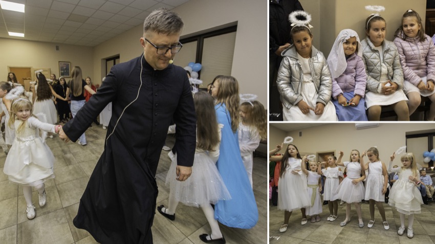 Bal Wszystkich Świętych w Czyżewie: ksiądz w tańcu z dziećmi przebranymi za aniołki