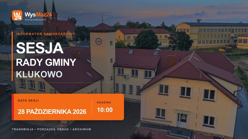 Klukowo: Urząd Gminy, GOK i remiza OSP z lotu ptaka - sesja Rady Gminy Klukowo 28 października 2026, godz. 10:00